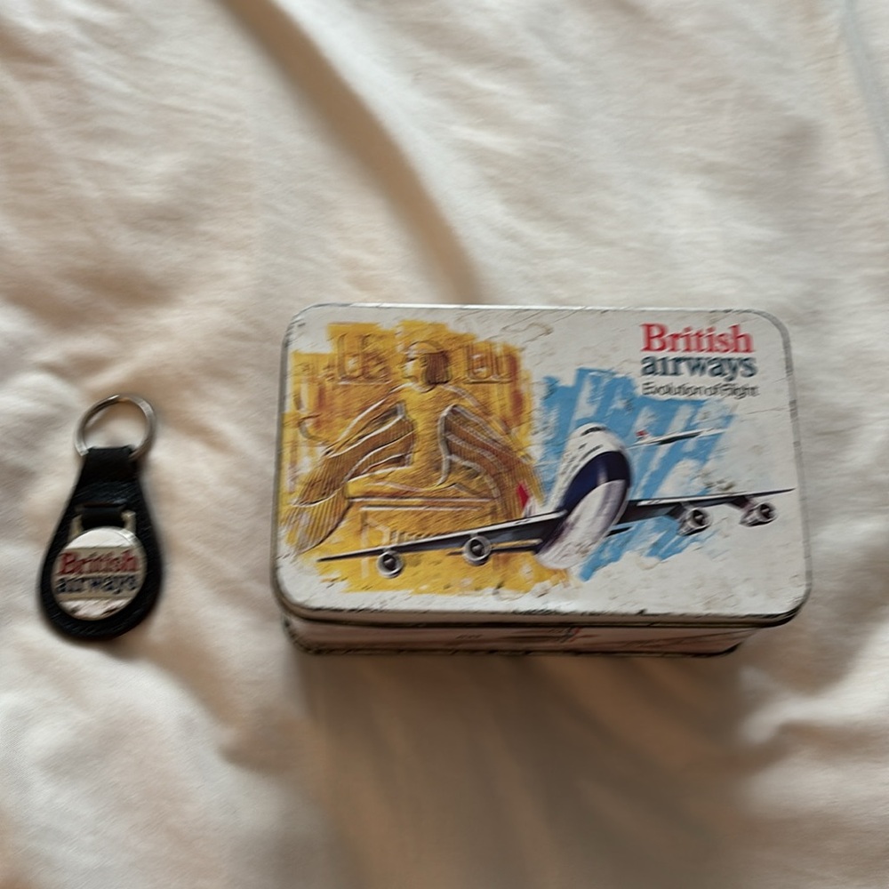 Vintage leather British airways keychain and metal keepsake box great condition